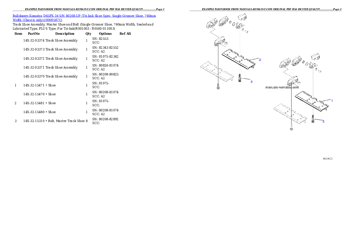 D65PX-16 S/N 80208-UP (Tri-link Shoe Spec. Single Grouser Shoe, 760mm Width (Chassis only)) Partsbook