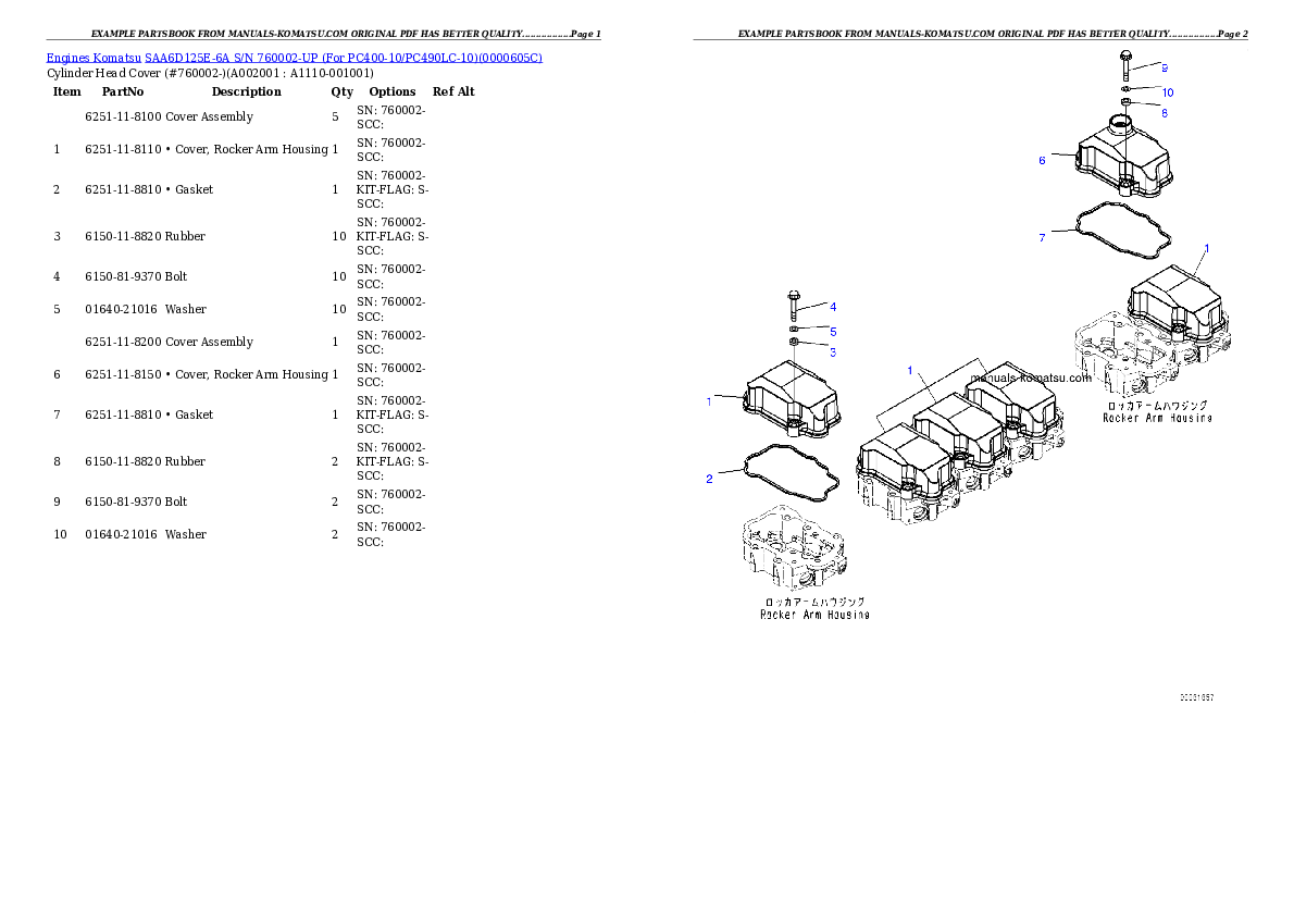 SAA6D125E-6A S/N 760002-UP (For PC400-10/PC490LC-10) Partsbook