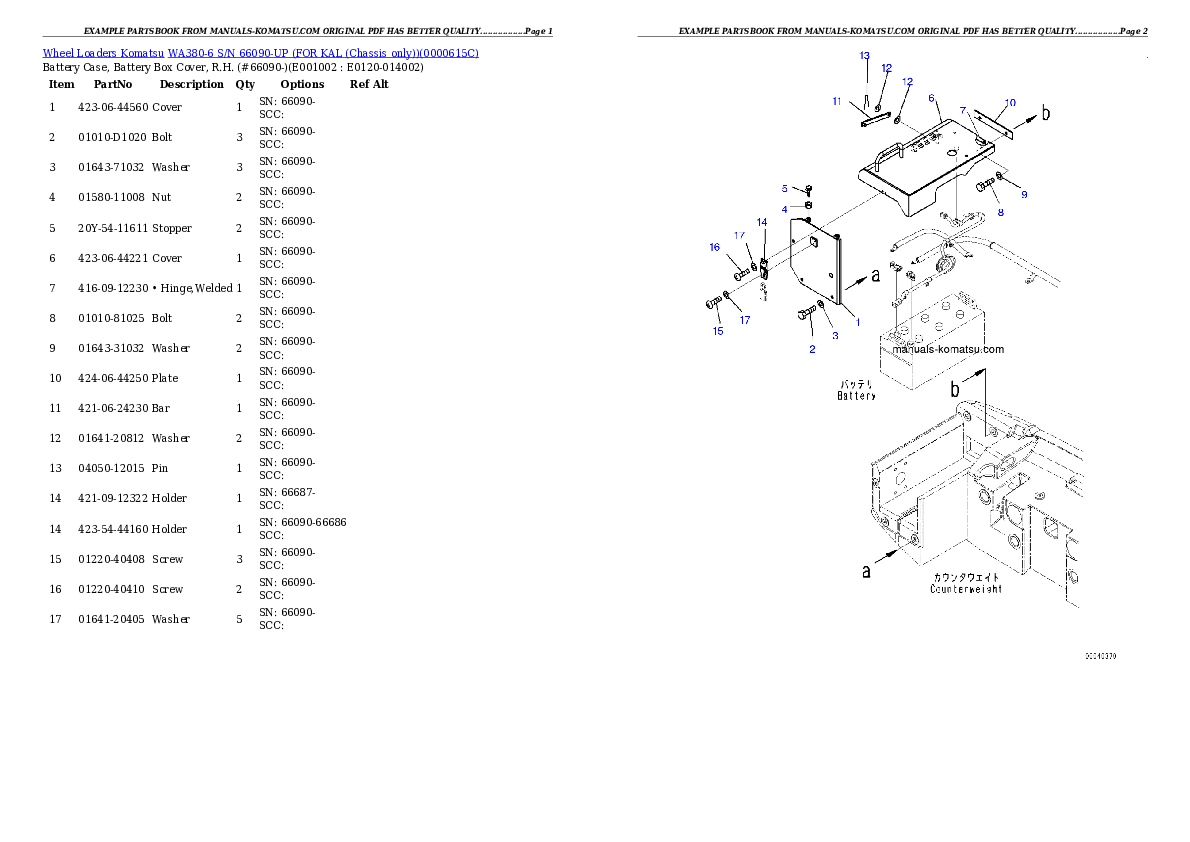 WA380-6 S/N 66090-UP (FOR KAL (Chassis only)) Partsbook