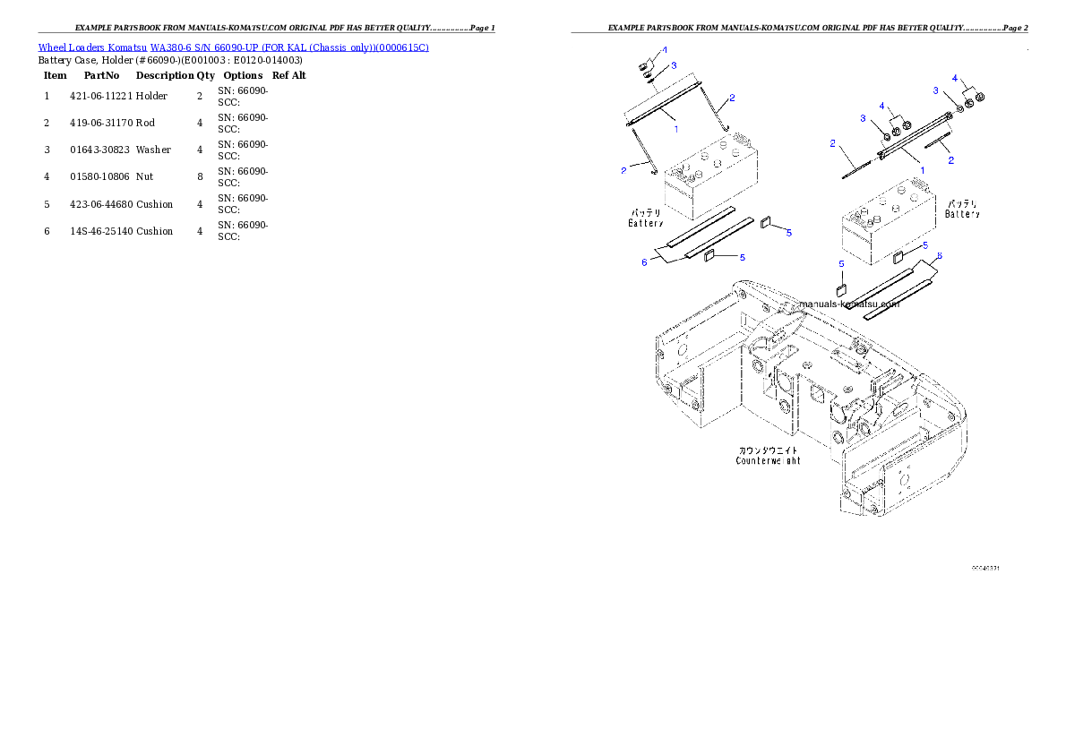 WA380-6 S/N 66090-UP (FOR KAL (Chassis only)) Partsbook