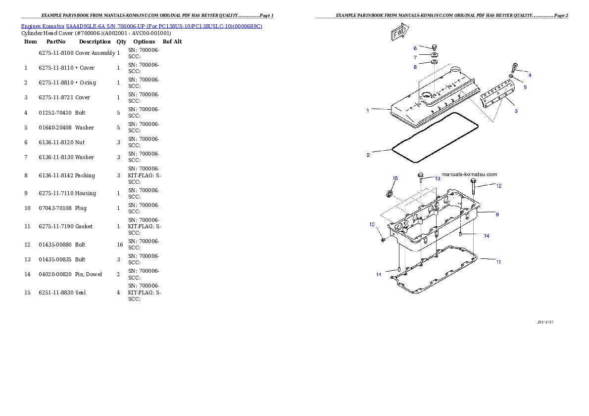 SAA4D95LE-6A S/N 700006-UP (For PC138US-10/PC138USLC-10) Partsbook