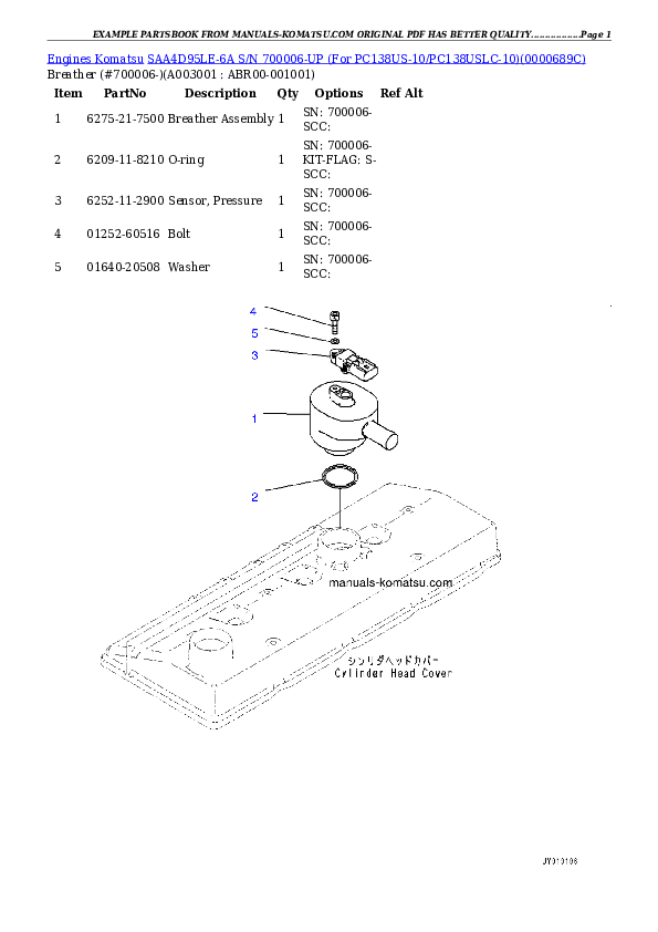 SAA4D95LE-6A S/N 700006-UP (For PC138US-10/PC138USLC-10) Partsbook