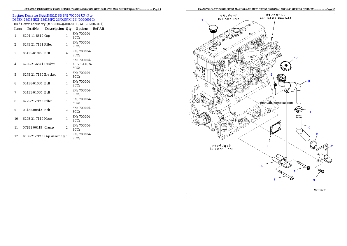 SAA4D95LE-6B S/N 700004-UP (For D39EX-23/D39PX-23) Partsbook