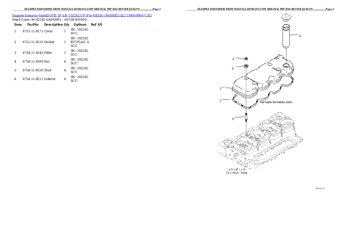 SAA4D107E-1F S/N 26102262-UP (For HB205-1M0/HB215LC-1M0) Partsbook