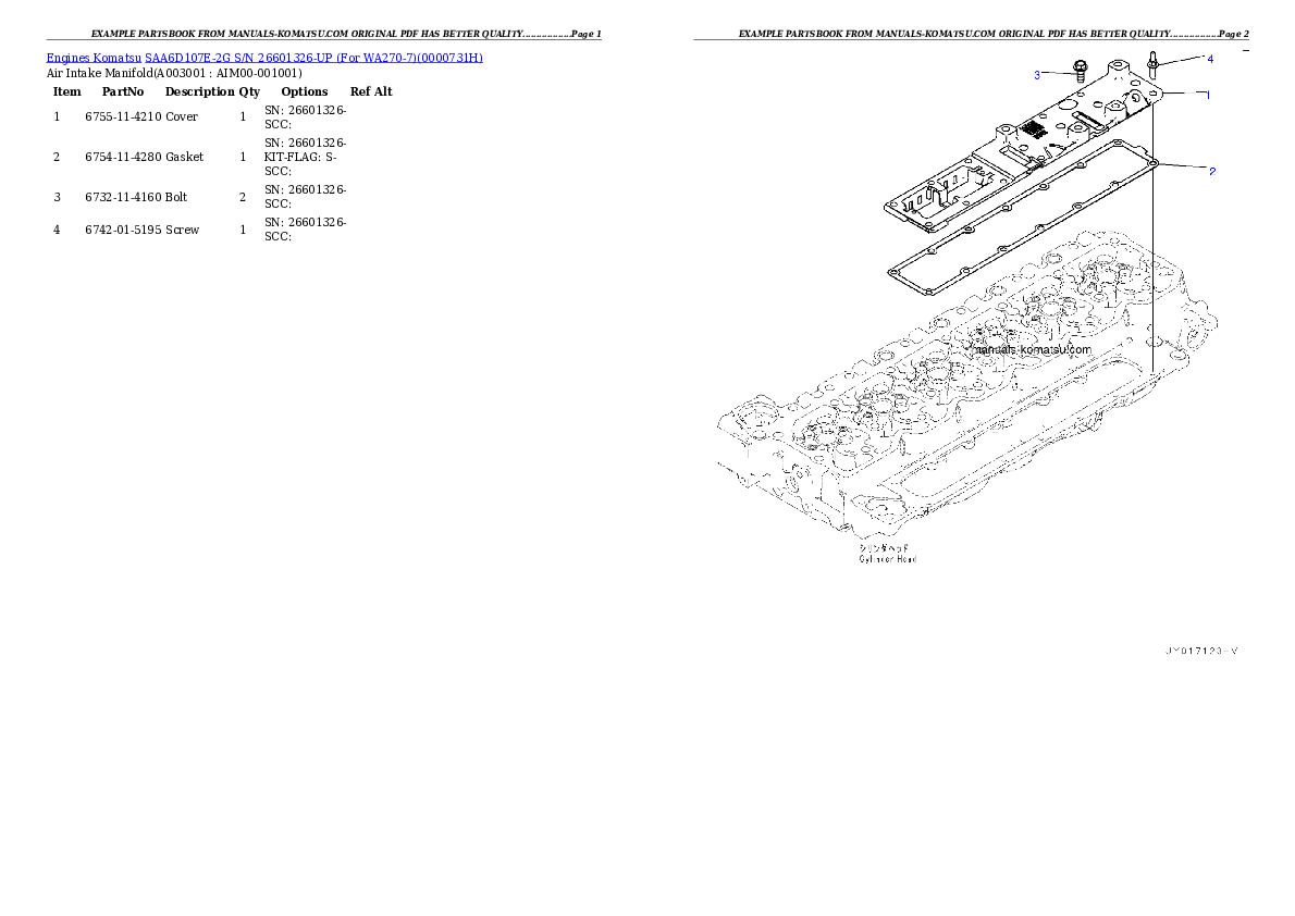 SAA6D107E-2G S/N 26601326-UP (For WA270-7) Partsbook