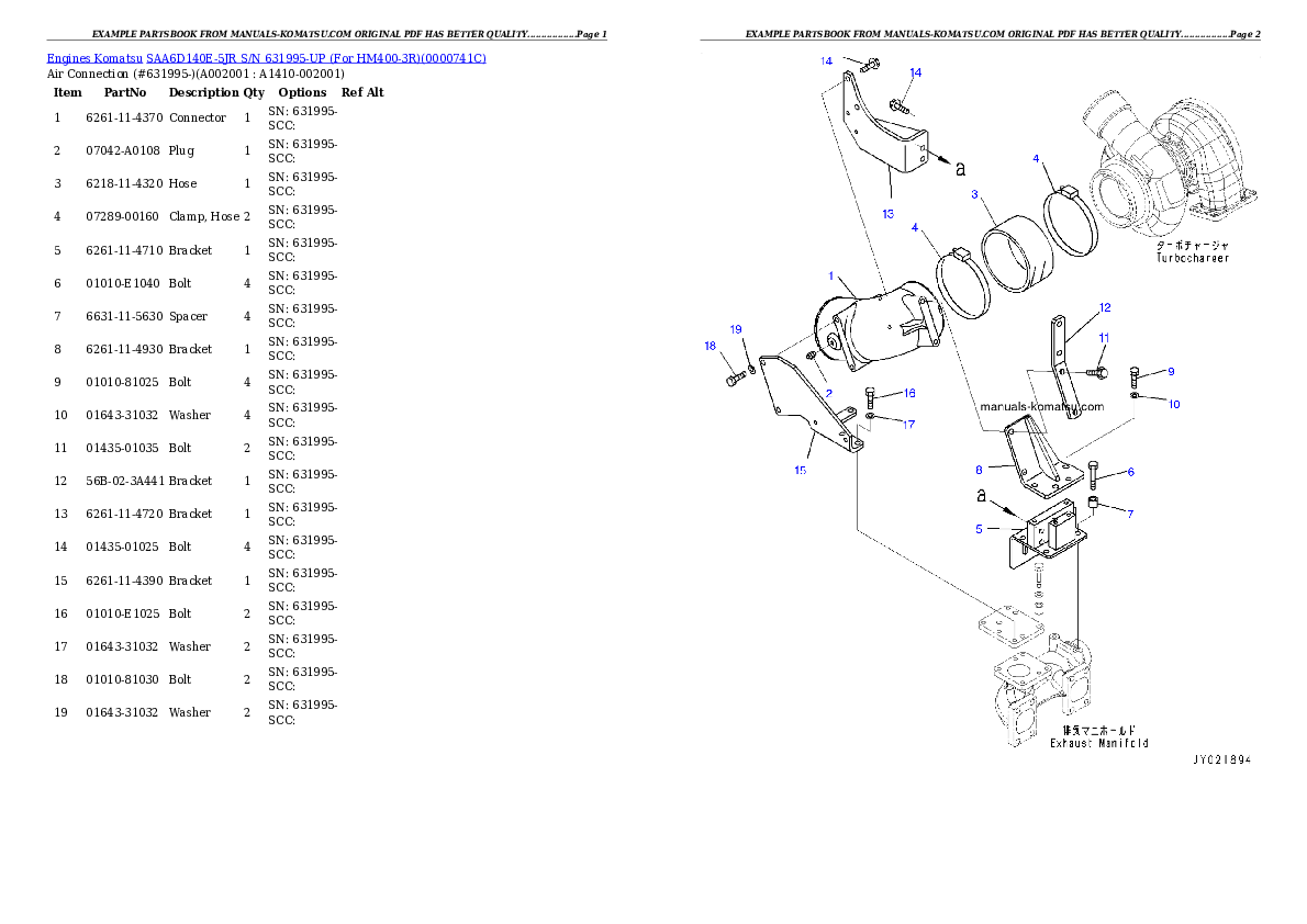 SAA6D140E-5JR S/N 631995-UP (For HM400-3R) Partsbook