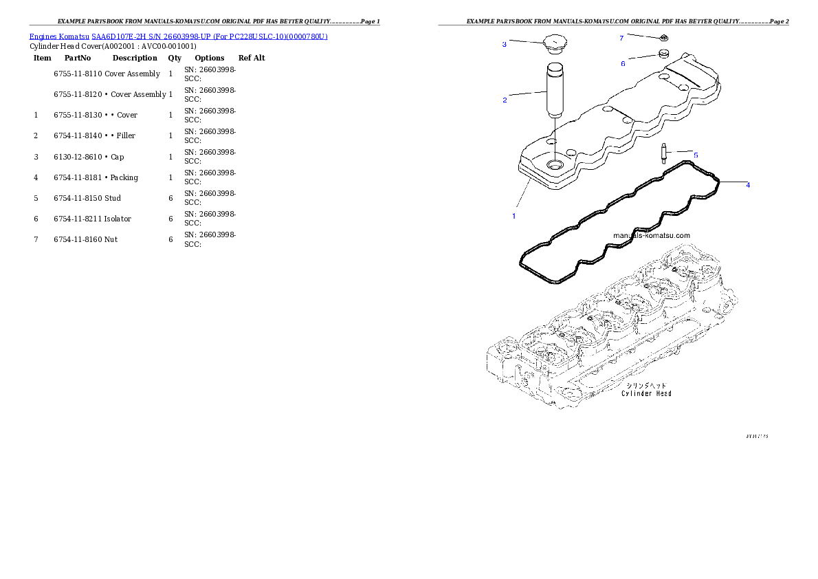 SAA6D107E-2H S/N 26603998-UP (For PC228USLC-10) Partsbook