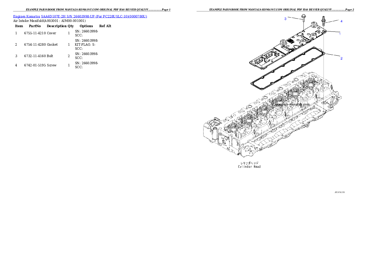 SAA6D107E-2H S/N 26603998-UP (For PC228USLC-10) Partsbook