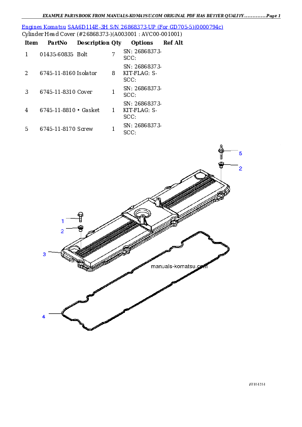 SAA6D114E-3H S/N 26868373-UP (For GD705-5) Partsbook