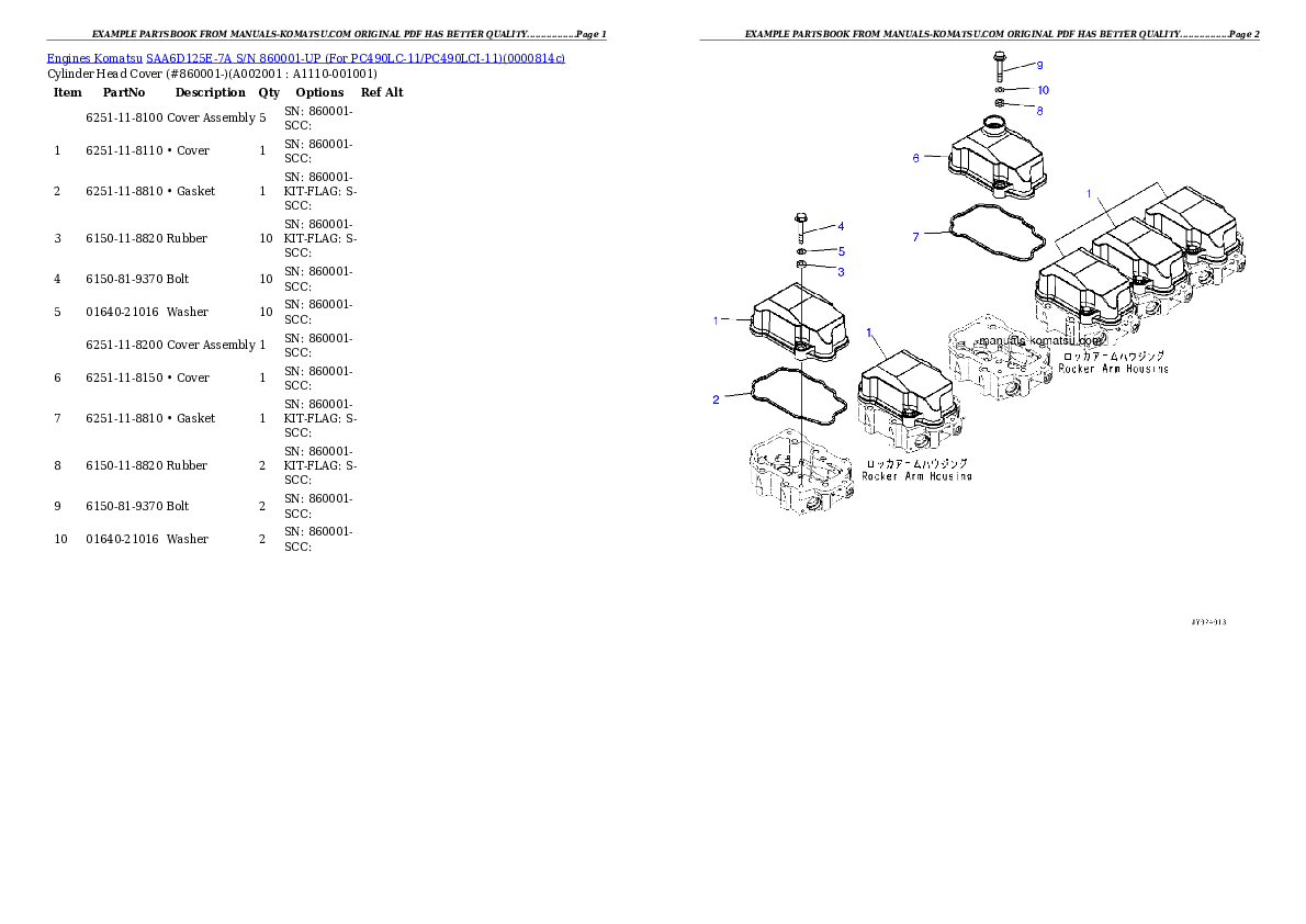 SAA6D125E-7A S/N 860001-UP (For PC490LC-11/PC490LCI-11) Partsbook