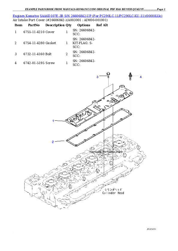 SAA6D107E-3B S/N 26606842-UP (For PC290LC-11/PC290LC-KU-11) Partsbook