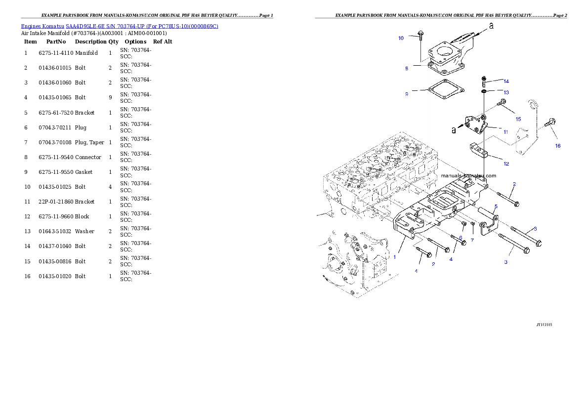 SAA4D95LE-6E S/N 703764-UP (For PC78US-10/PC78UU-10) Partsbook