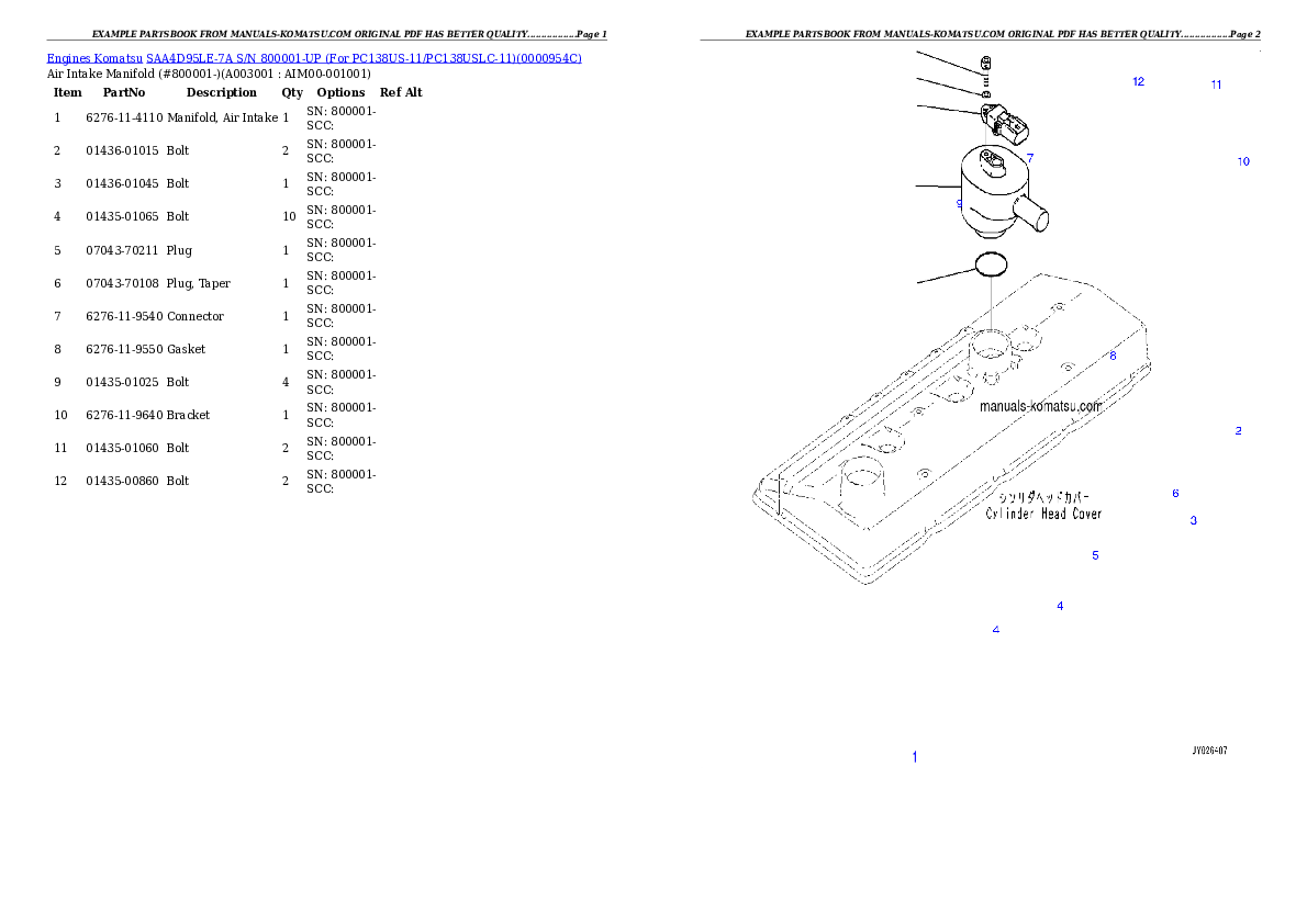 SAA4D95LE-7A S/N 800001-UP (For PC138US-11/PC138USLC-11) Partsbook