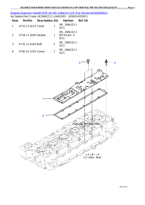 SAA6D107E-3G S/N 26643211-UP (For WA320-8) Partsbook