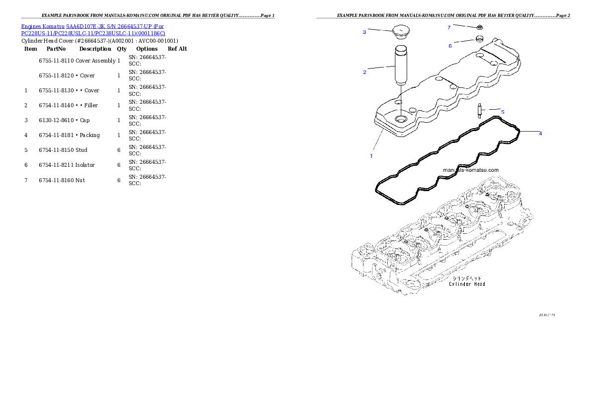 SAA6D107E-3K S/N 26664537-UP (For PC228US-11/PC228USLC-11/PC238USLC-11) Partsbook