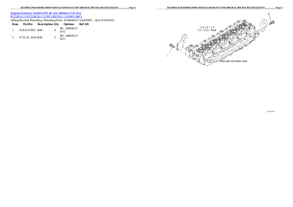 SAA6D107E-3K S/N 26664537-UP (For PC228US-11/PC228USLC-11/PC238USLC-11) Partsbook