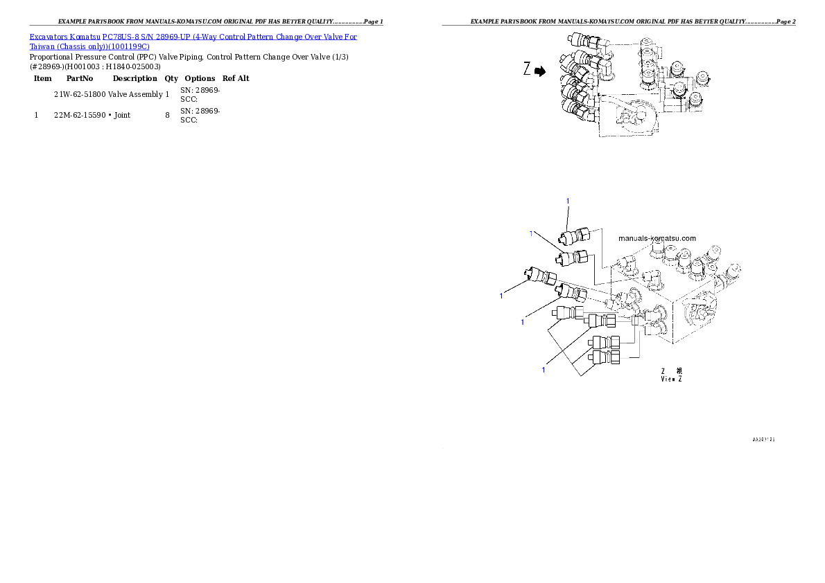 PC78US-8 S/N 28969-UP (4-Way Control Pattern Change Over Valve For Taiwan (Chassis only)) Partsbook