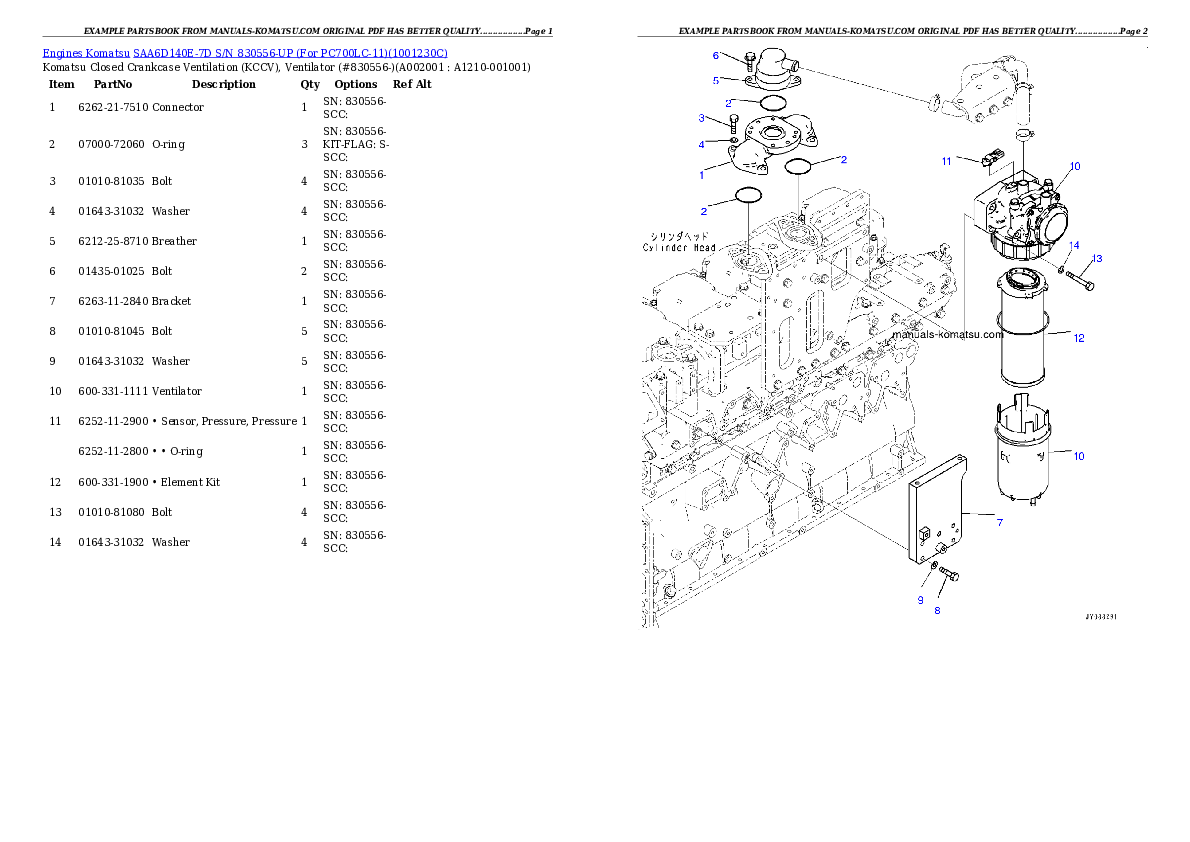 SAA6D140E-7D S/N 830556-UP (For PC700LC-11) Partsbook