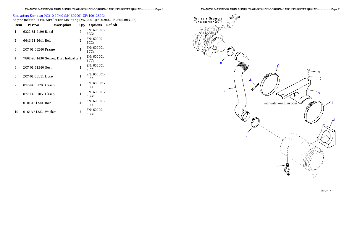 PC210-10M0 S/N 600001-UP Partsbook