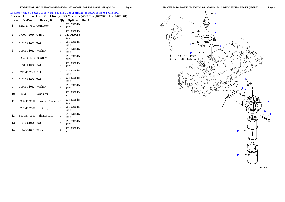 SAA6D140E-7 S/N 830815-UP (For HD325-8E0/HD405-8E0) Partsbook