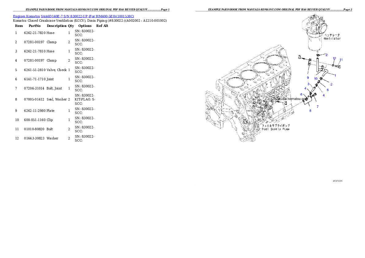 SAA6D140E-7 S/N 830022-UP (For HM400-5E0) Partsbook