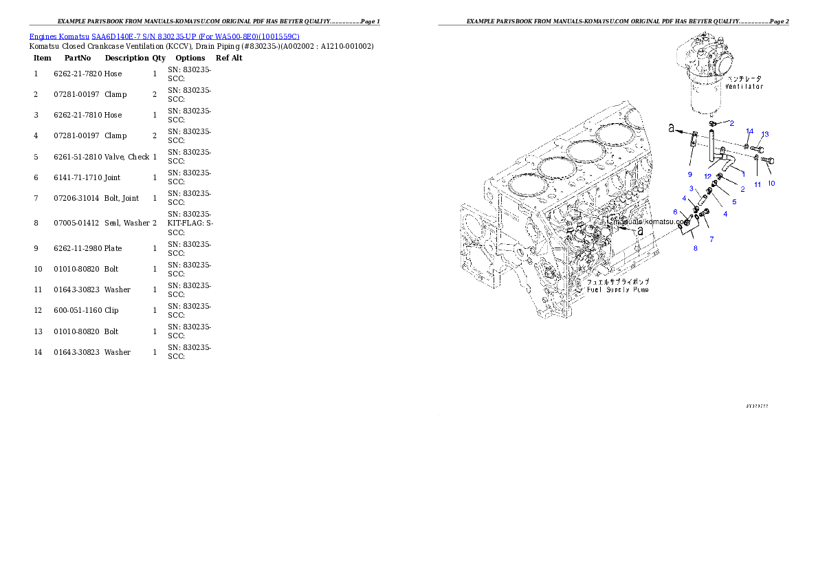 SAA6D140E-7 S/N 830235-UP (For WA500-8E0) Partsbook