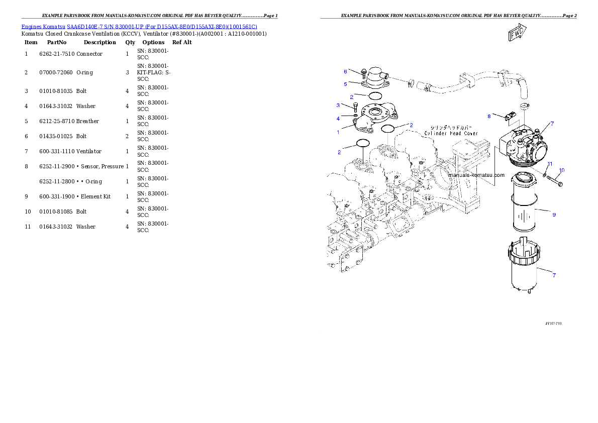 SAA6D140E-7 S/N 830001-UP (For D155AX-8E0/D155AXI-8E0) Partsbook