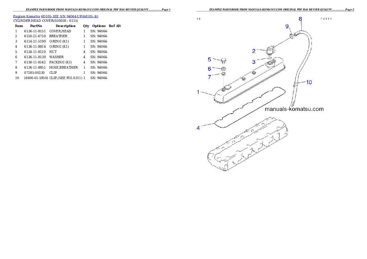 6D105-1EE S/N 94064-UP Partsbook