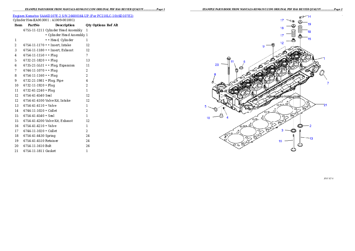 SAA6D107E-2 S/N 26600164-UP (For PC210LC-10) Partsbook