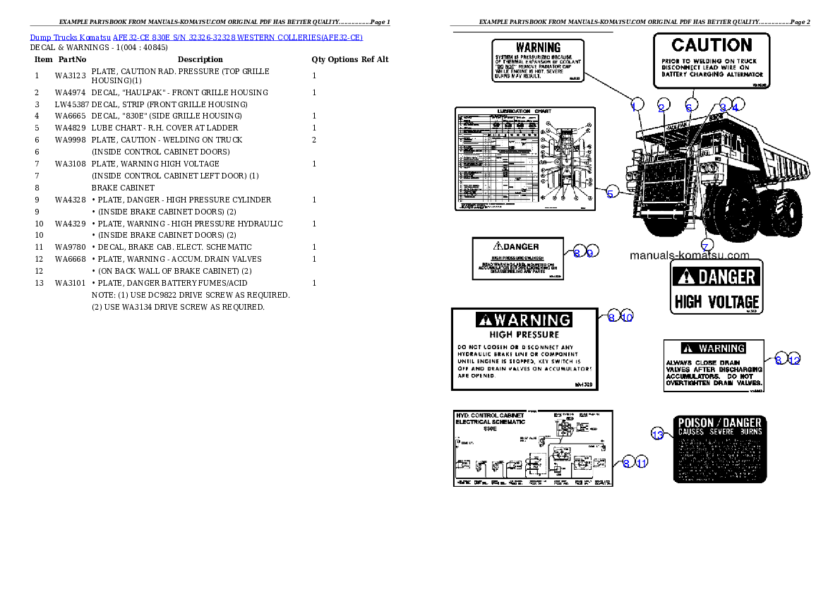 AFE32-CE 830E S/N 32326-32328   WESTERN COLLERIES Partsbook