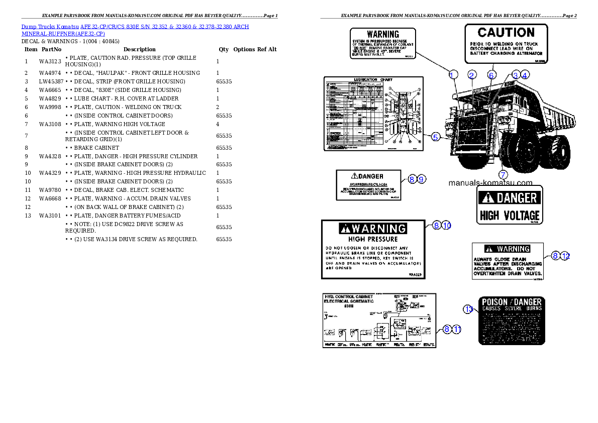 AFE32-CP/CR/CS 830E S/N 32352 & 32360 & 32378-32380    ARCH MINERAL-RUFFNER Partsbook