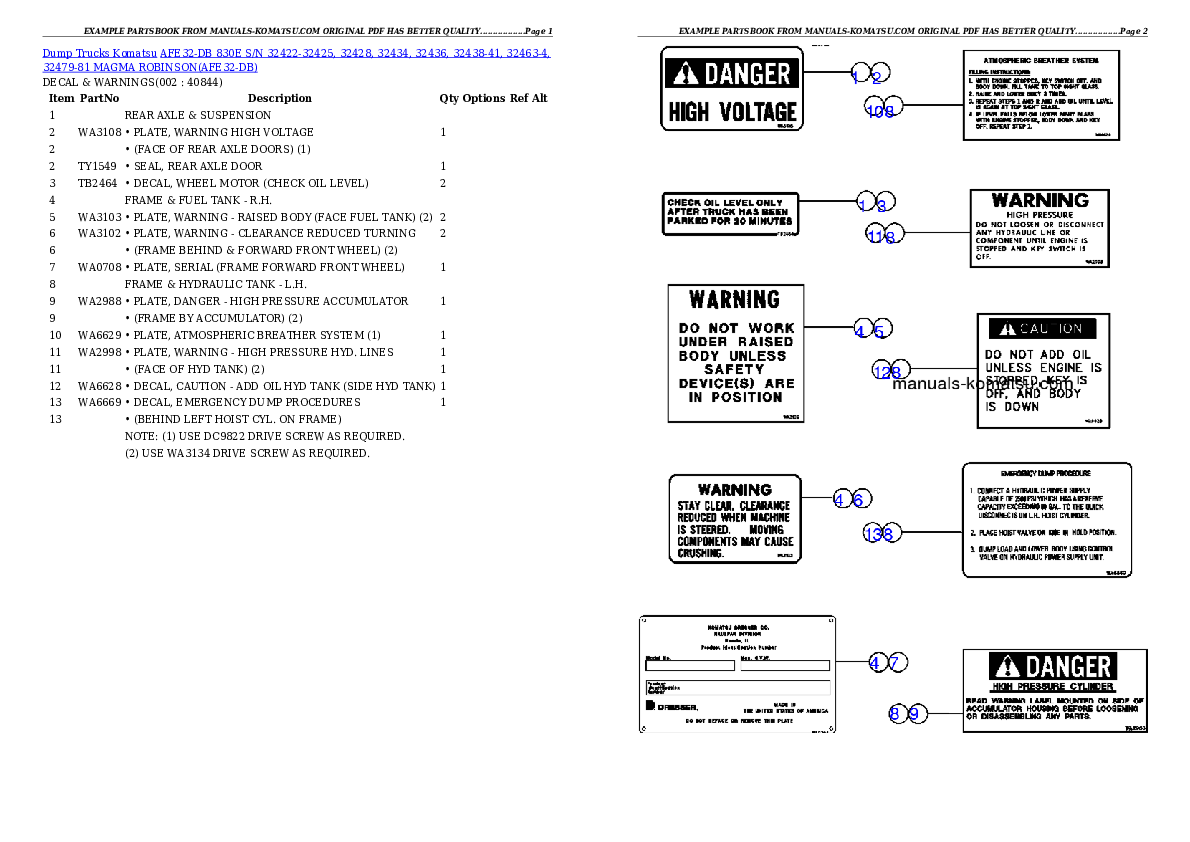 AFE32-DB 830E S/N 32422-32425, 32428, 32434, 32436, 32438-41, 32463-4, 32479-81 MAGMA ROBINSON Partsbook