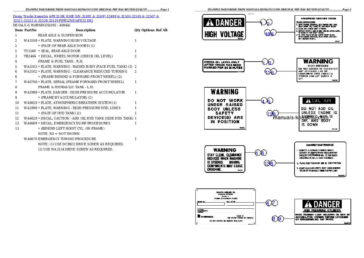 AFE32-DK 830E S/N 32492 & 32497-32499 & 32503-32505 & 32507 & 32521-32523 & 32528-32529   PIPELINE Partsbook