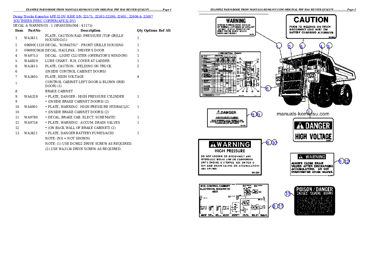 AFE32-DV 830E S/N 32575, 32593-32596, 32601, 32606 & 32607 SOUTHERN PERU COPPER Partsbook