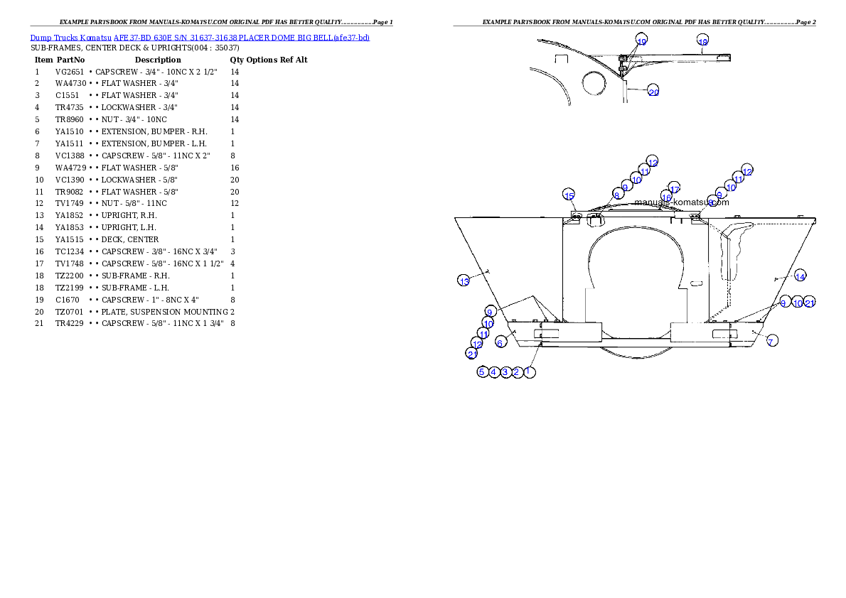 AFE37-BD 630E S/N 31637-31638 PLACER DOME BIG BELL Partsbook