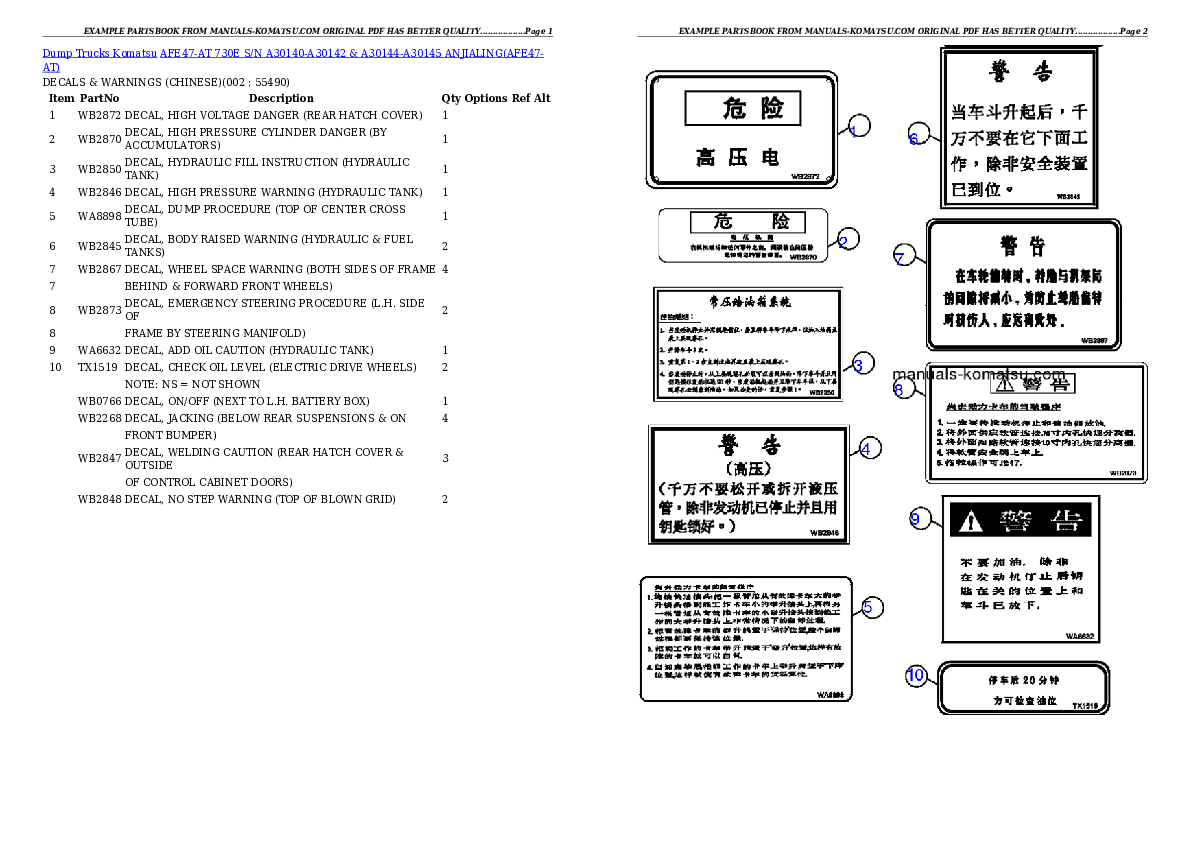 AFE47-AT 730E S/N A30140-A30142 & A30144-A30145 ANJIALING Partsbook