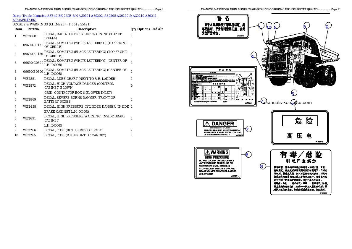 AFE47-BK 730E S/N A30201-A30202, A30205-A30207 & A30210-A30211 ATB Partsbook