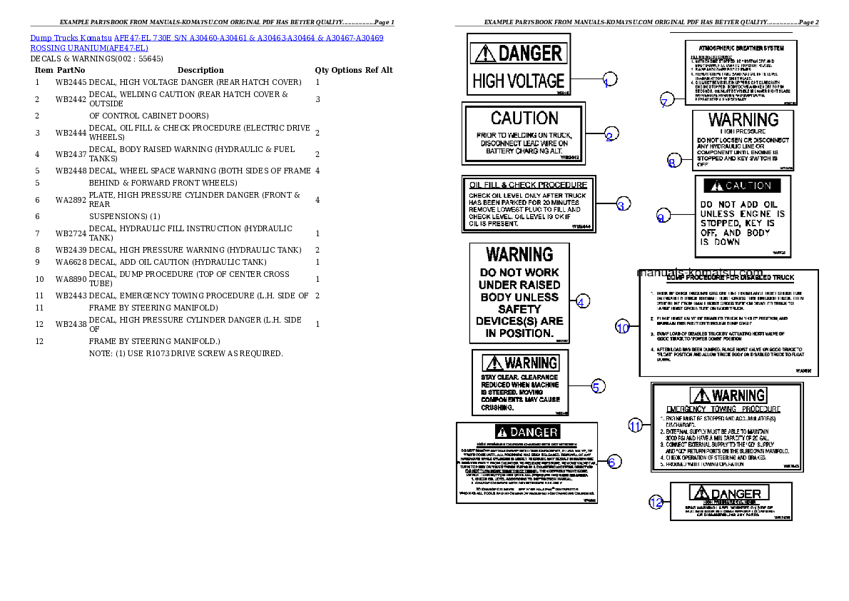 AFE47-EL 730E S/N A30460-A30461 & A30463-A30464 & A30467-A30469   ROSSING URANIUM Partsbook