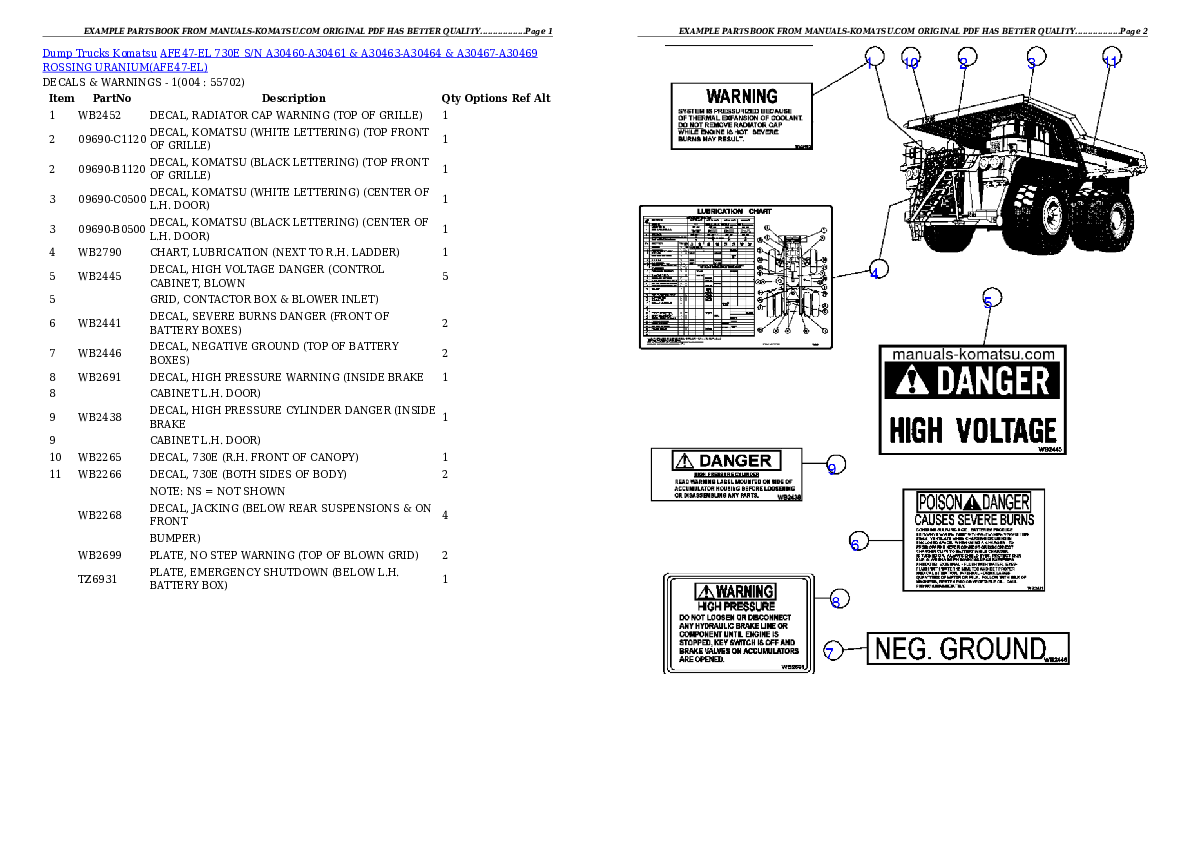 AFE47-EL 730E S/N A30460-A30461 & A30463-A30464 & A30467-A30469   ROSSING URANIUM Partsbook