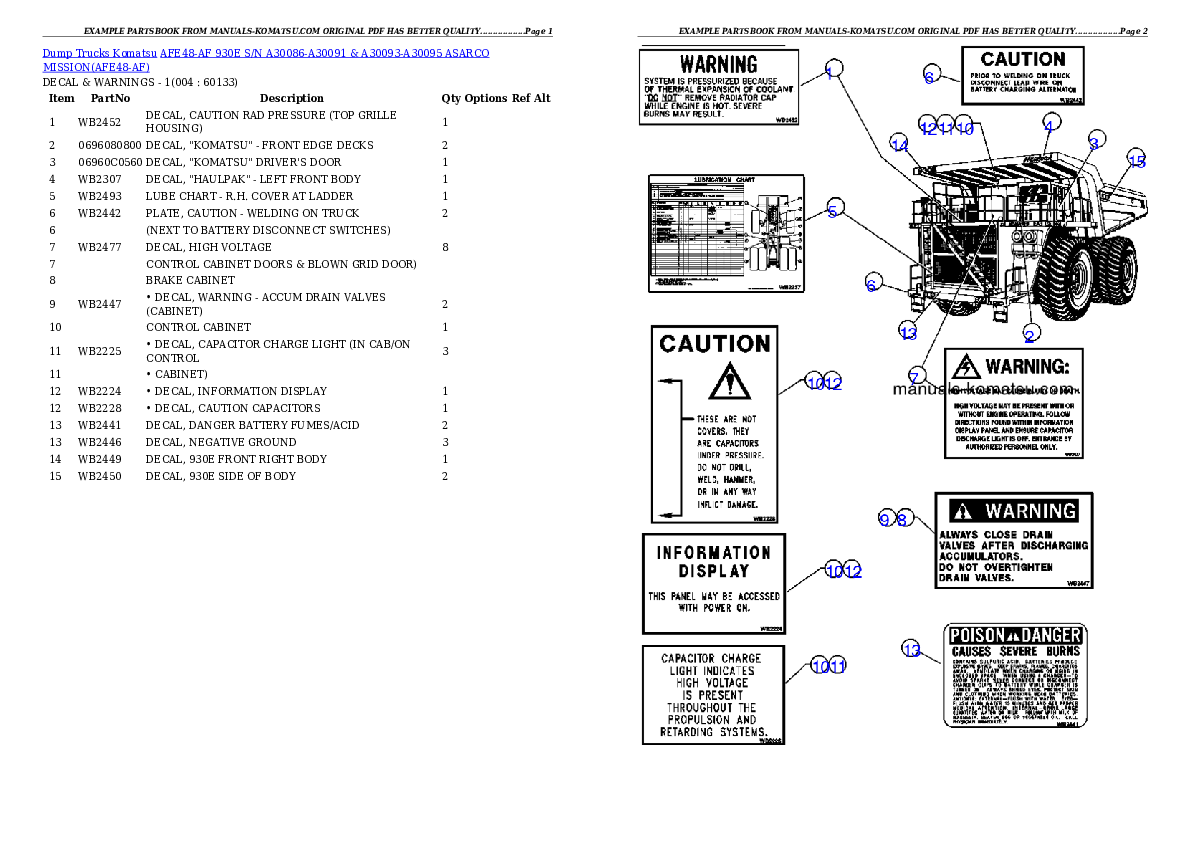 AFE48-AF  930E S/N A30086-A30091 & A30093-A30095 ASARCO MISSION Partsbook