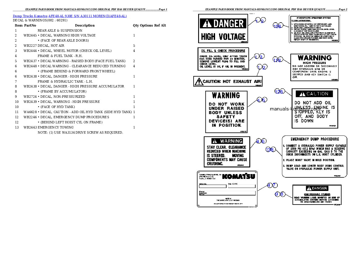 AFE48-AL  930E S/N A30111 MORENCI Partsbook