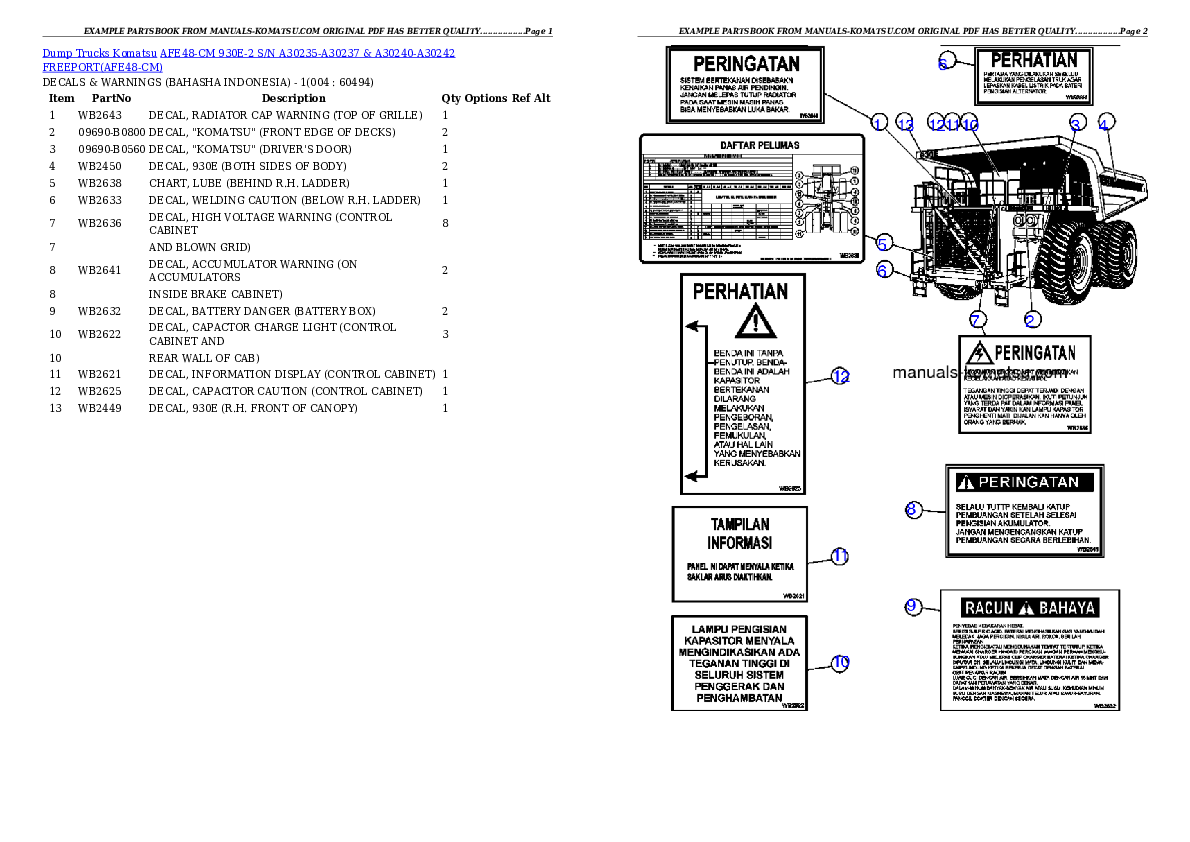 AFE48-CM 930E-2 S/N A30235-A30237 & A30240-A30242 FREEPORT Partsbook