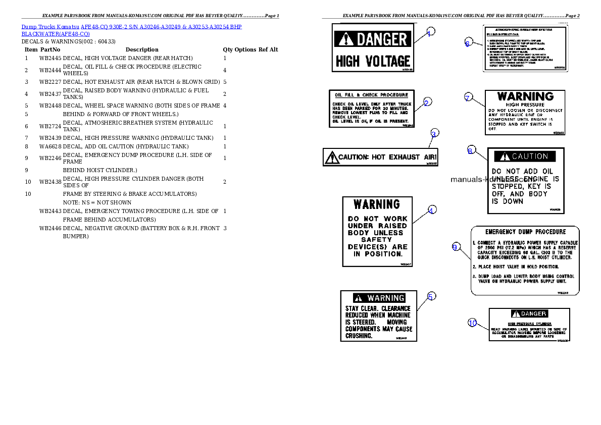 AFE48-CQ 930E-2 S/N A30246-A30249 & A30253-A30254 BHP BLACKWATER Partsbook