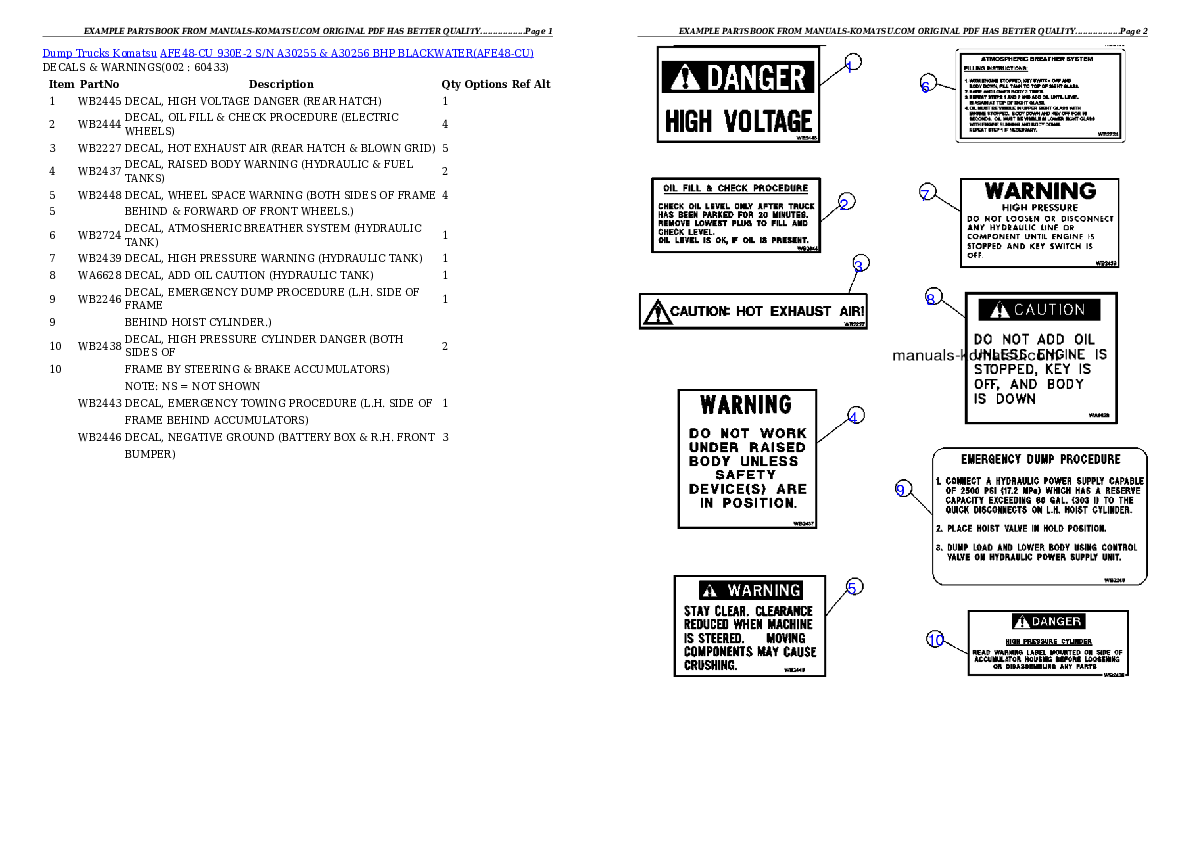 AFE48-CU 930E-2 S/N A30255 & A30256 BHP BLACKWATER Partsbook