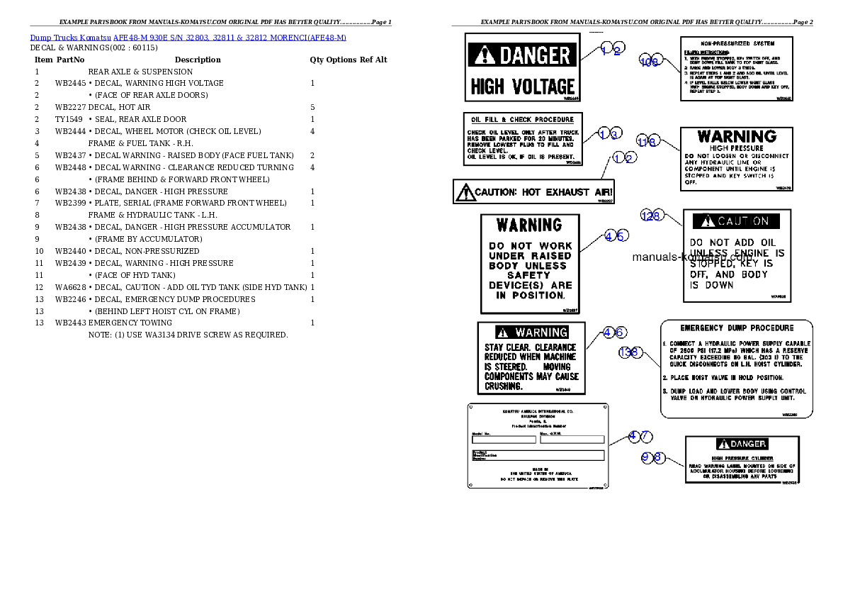 AFE48-M  930E S/N 32803, 32811 & 32812 MORENCI Partsbook