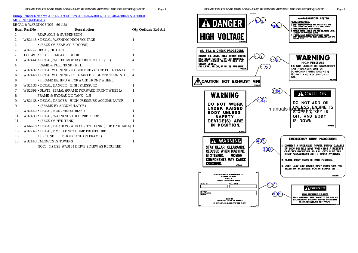 AFE48-U  930E S/N A30034-A30037, A30040-A30048 & A30060 MORENCI Partsbook