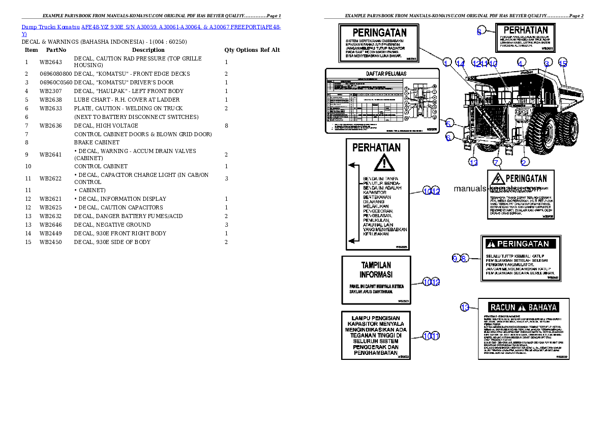 AFE48-Y/Z 930E S/N A30059, A30061-A30064, & A30067 FREEPORT Partsbook