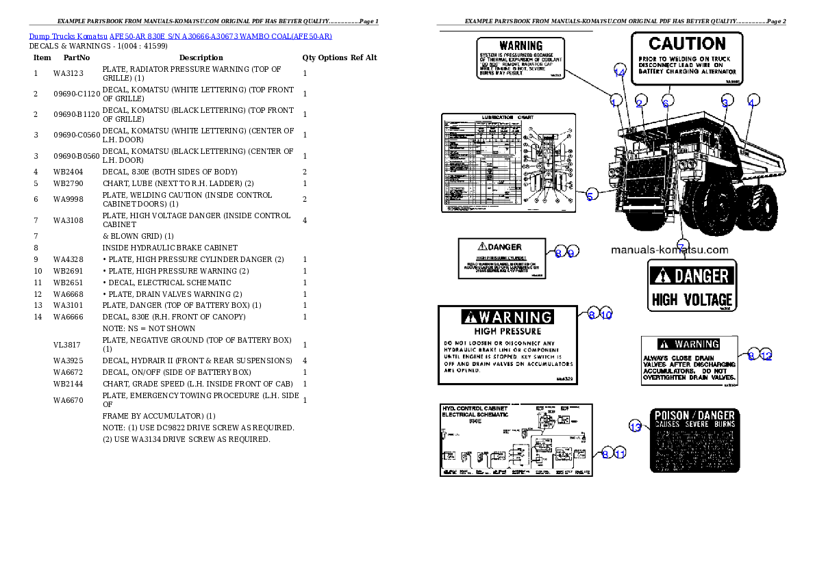 AFE50-AR 830E S/N A30666-A30673 WAMBO COAL Partsbook