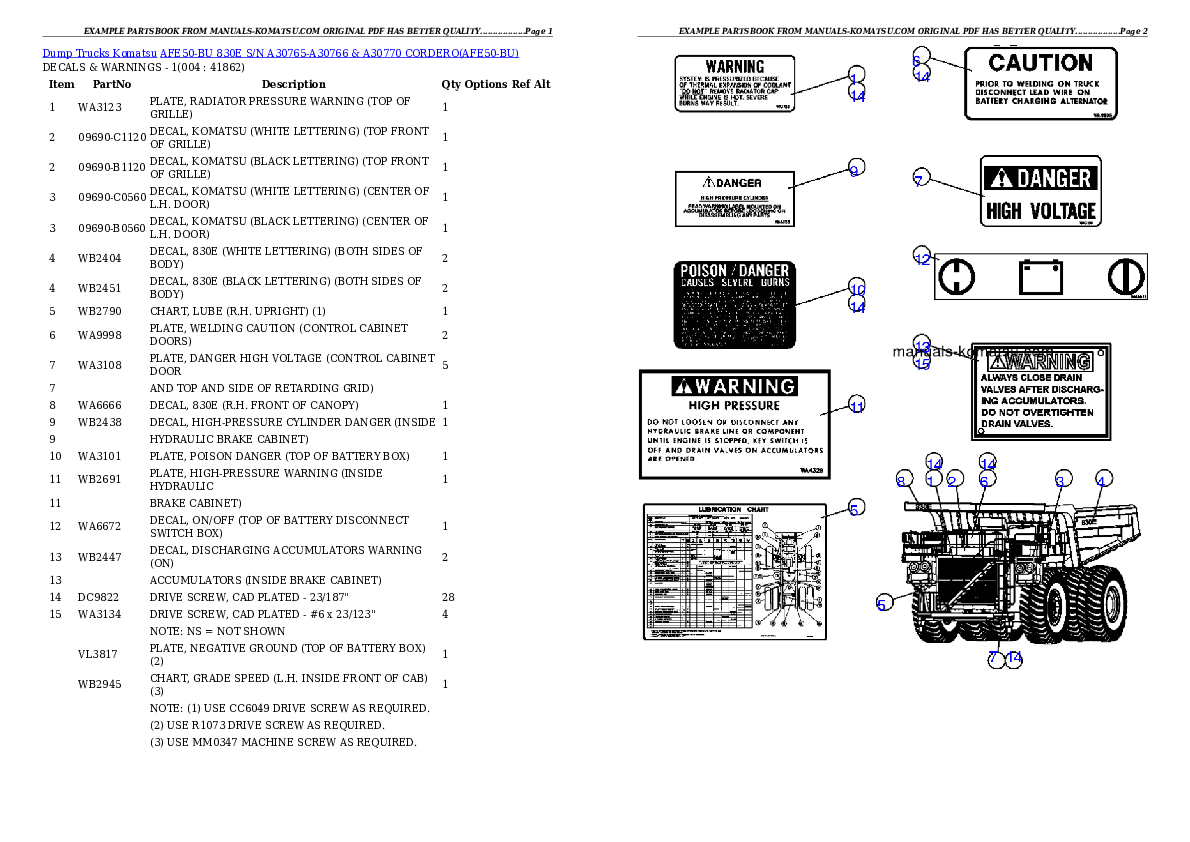 AFE50-BU 830E S/N A30765-A30766 & A30770  CORDERO Partsbook