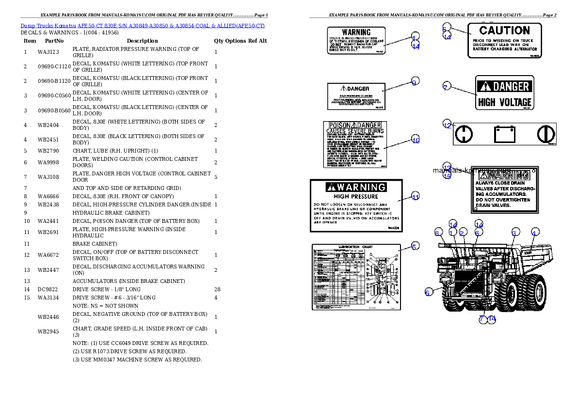 AFE50-CT 830E S/N A30849-A30850 & A30854               COAL & ALLIED Partsbook